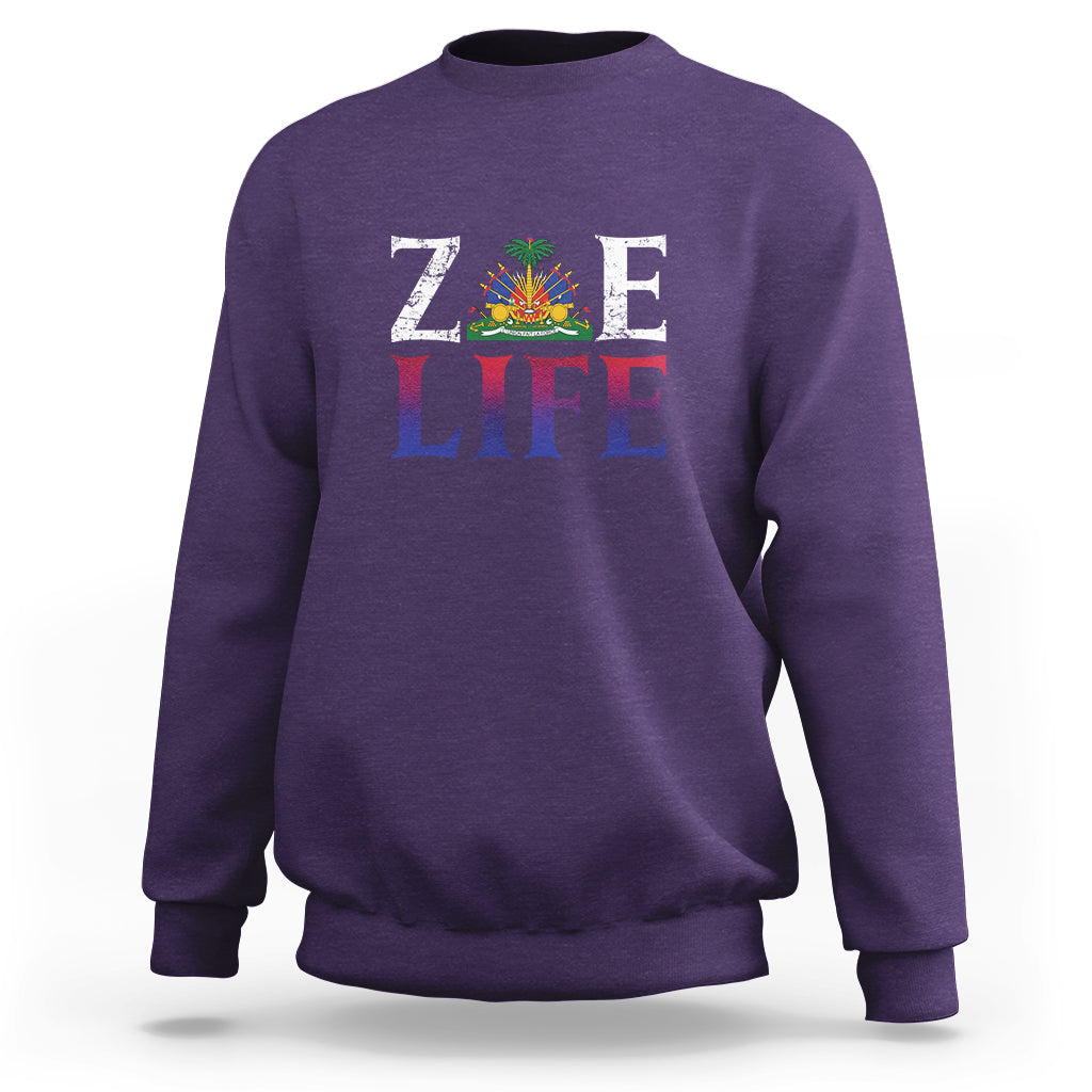 Purple crewneck sweatshirt with 'ZOE LIFE' patriotic graphic on chest
