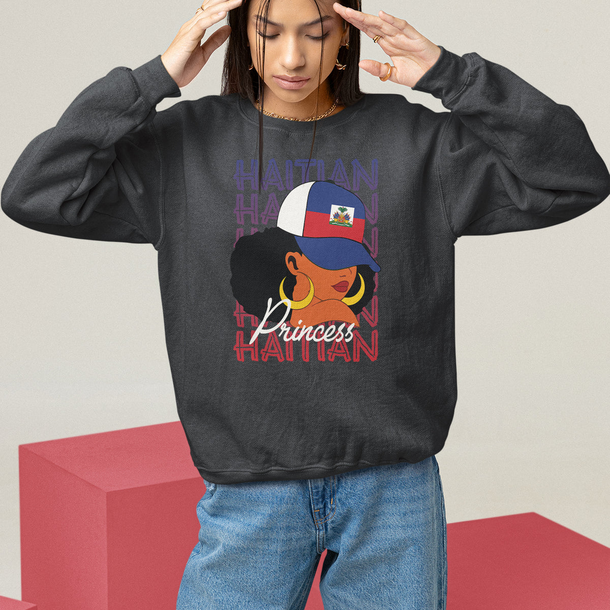 Haitian princess sweatshirt, black, front graphic and logo print