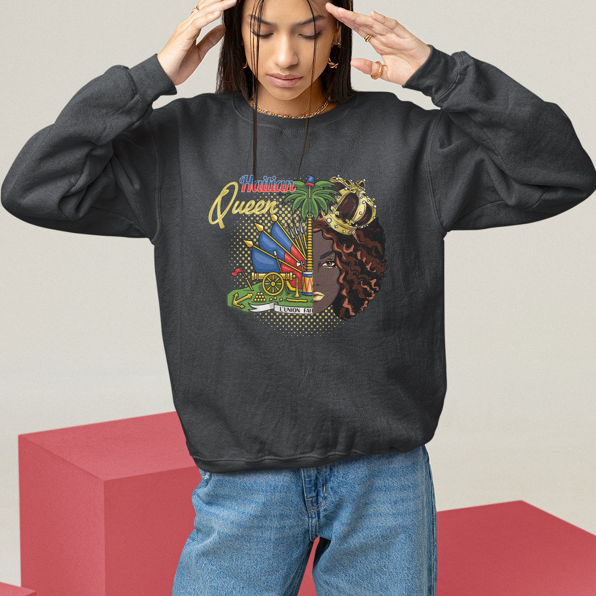 Black Haitian princess sweatshirt with front illustrated queen, palm tree and crest