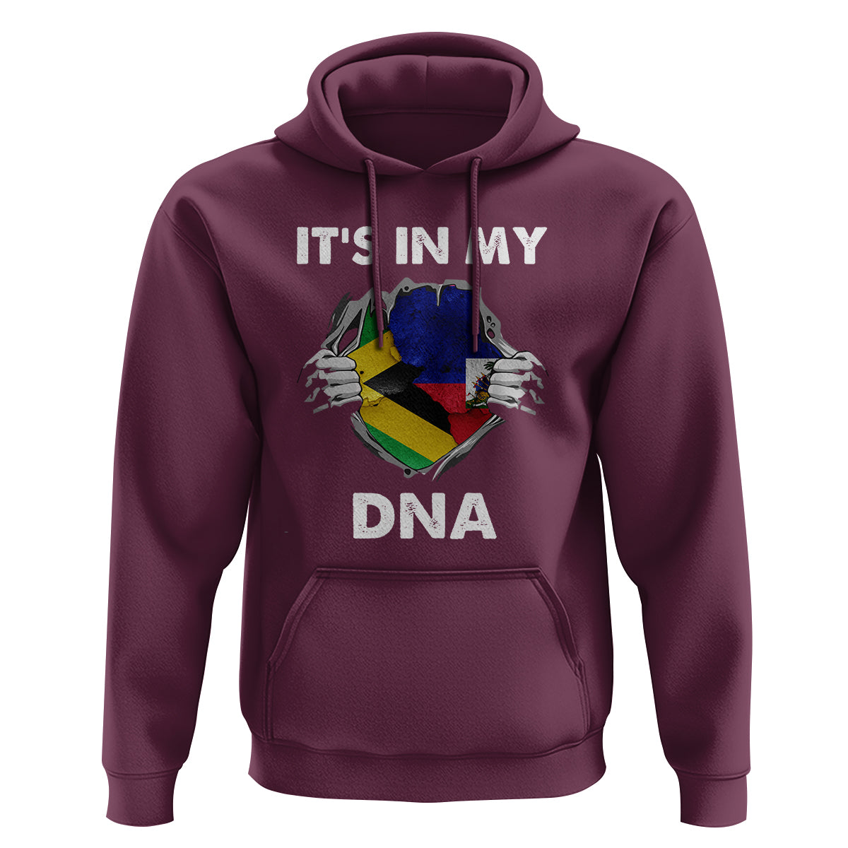 Maroon hoodie with front graphic print and kangaroo pocket; drawstring hood.
