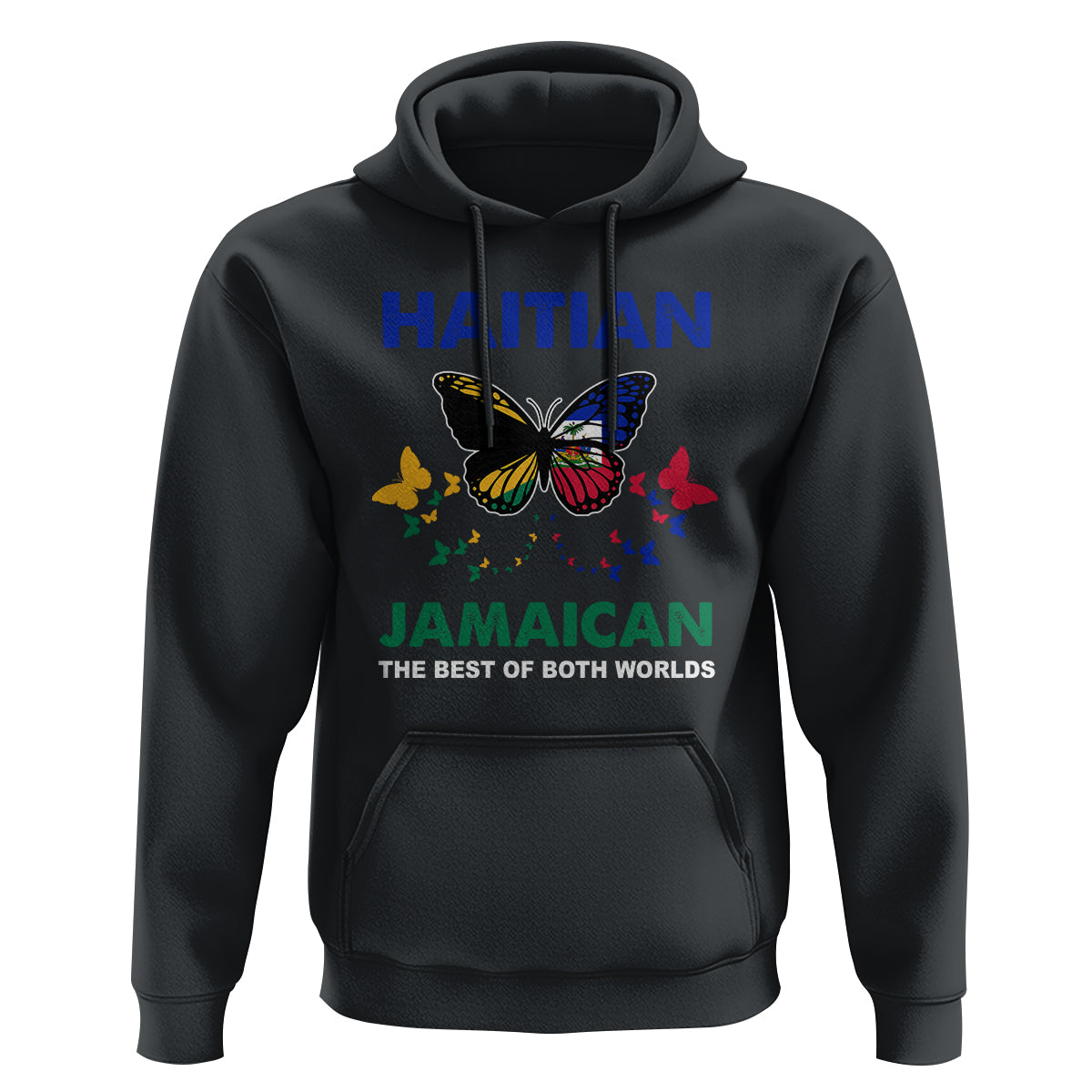 Black hoodie with front pouch pocket, drawstring hood, and colorful butterfly graphic on chest.