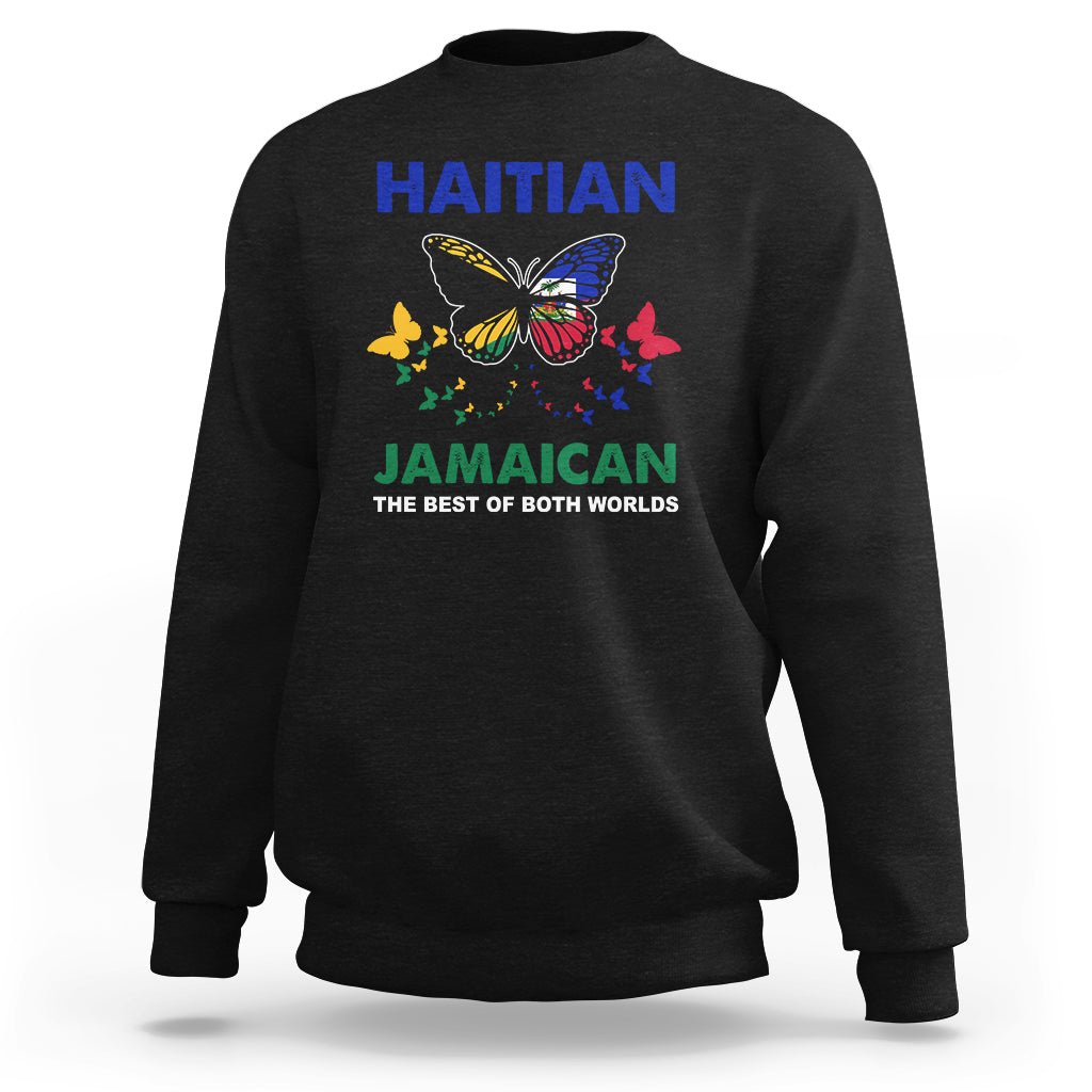 Black crewneck sweatshirt with butterfly graphic and 'Haitian Jamaican' text