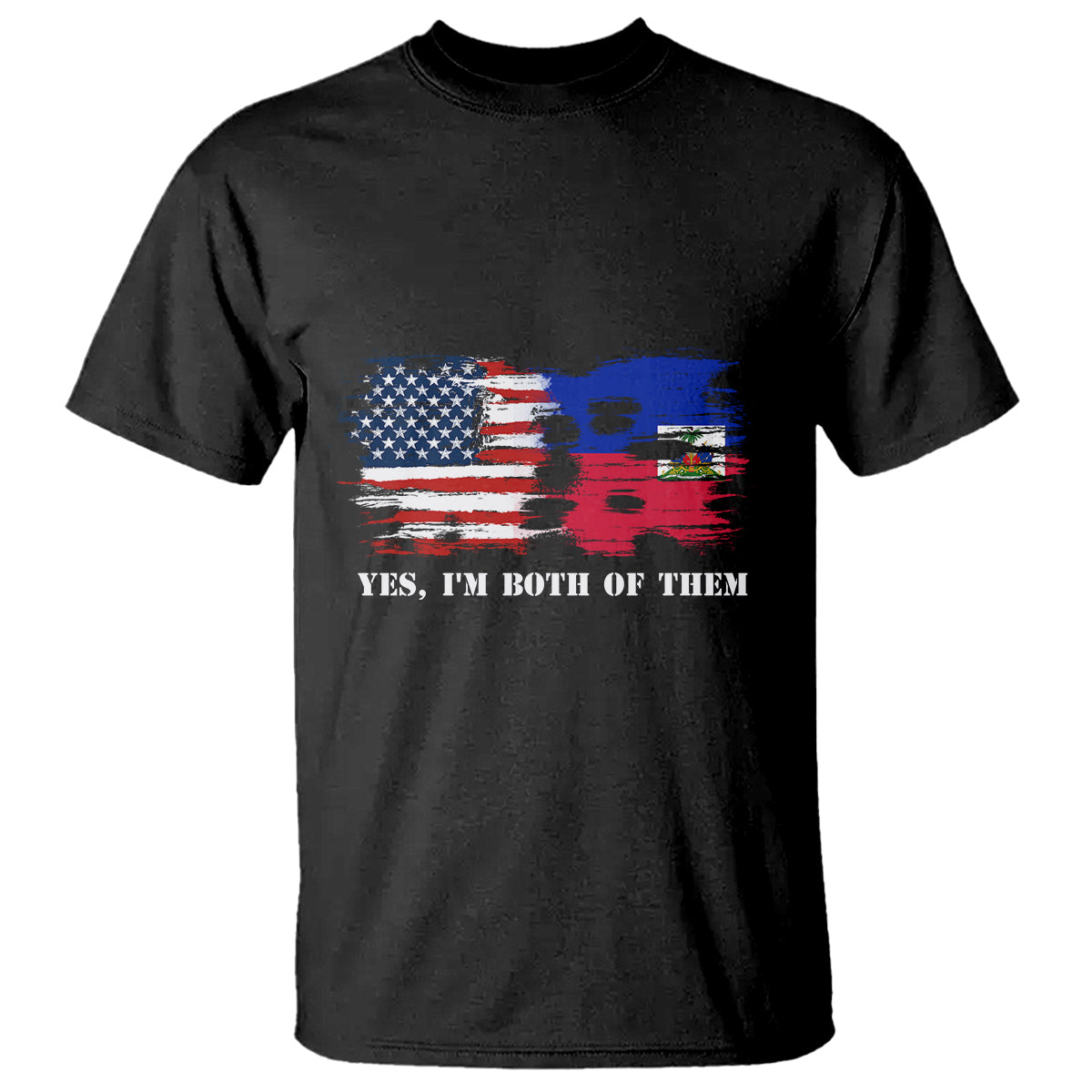 Black crewneck T-shirt with USA-Haiti flag graphic and text 'Yes, I'm both of them'.