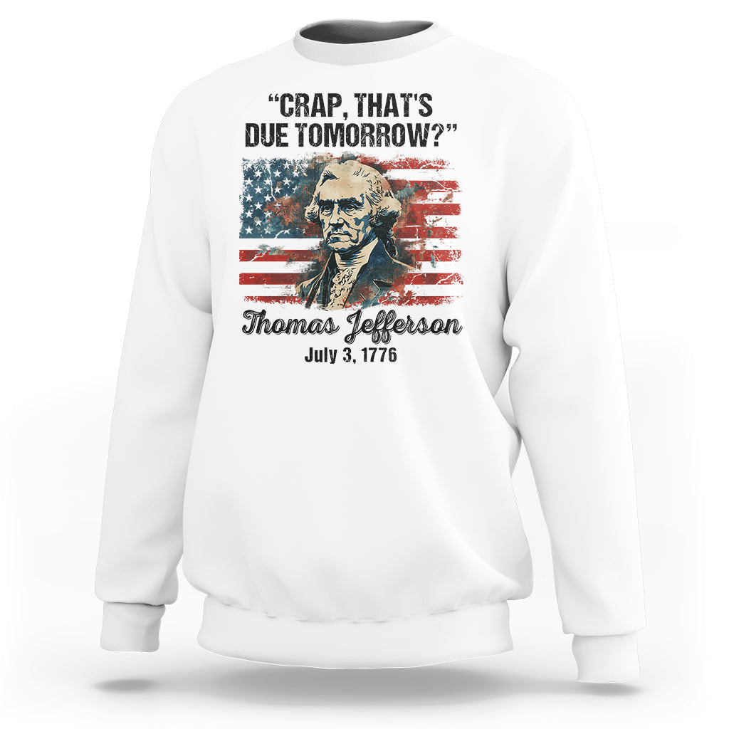 White crewneck sweatshirt with Thomas Jefferson graphic and patriotic stripes print