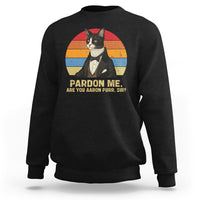 Dark gray crewneck sweatshirt with cat tux graphic and “PARDON ME, ARE YOU AARON PURR, SIR”
