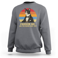Gray crewneck sweatshirt with cat tux graphic and “PARDON ME, ARE YOU AARON PURR, SIR”