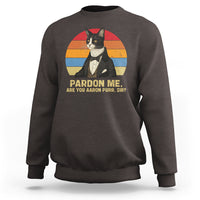 Charcoal crewneck sweatshirt with cat tux graphic and “PARDON ME, ARE YOU AARON PURR, SIR”