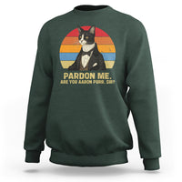 Dark forest green crewneck sweatshirt with cat tux graphic and “PARDON ME, ARE YOU AARON PURR, SIR”