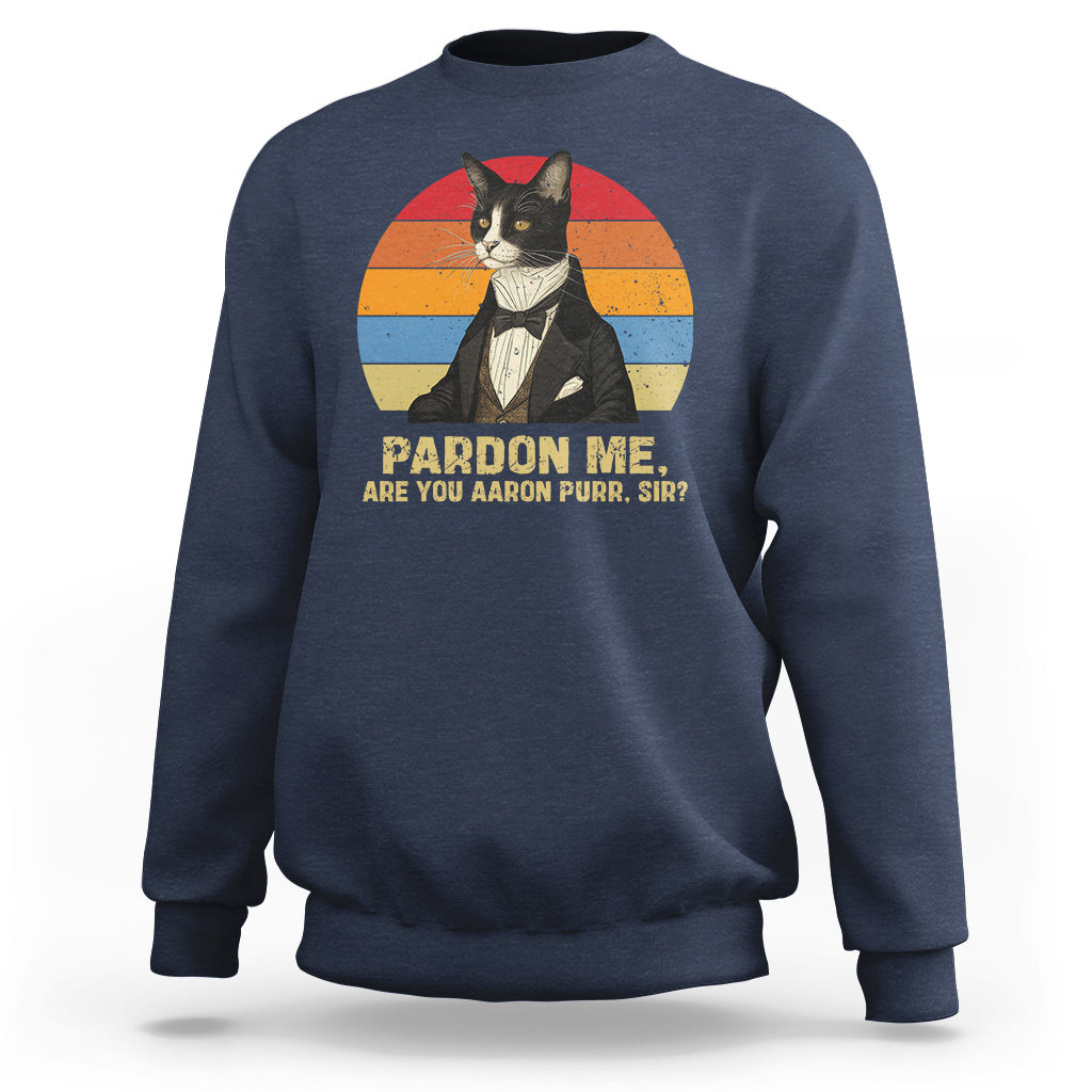 Royal blue crewneck sweatshirt with cat tux graphic and “PARDON ME, ARE YOU AARON PURR, SIR”