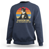 Royal blue crewneck sweatshirt with cat tux graphic and “PARDON ME, ARE YOU AARON PURR, SIR”