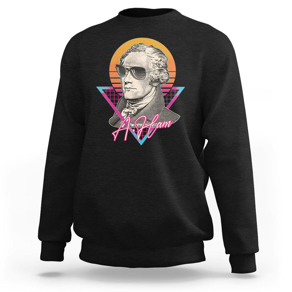 Black crewneck sweatshirt with front portrait graphic and multicolor geometric accents