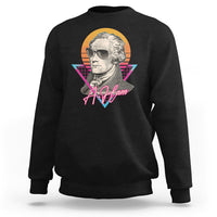 Black crewneck sweatshirt with front portrait graphic and multicolor geometric accents