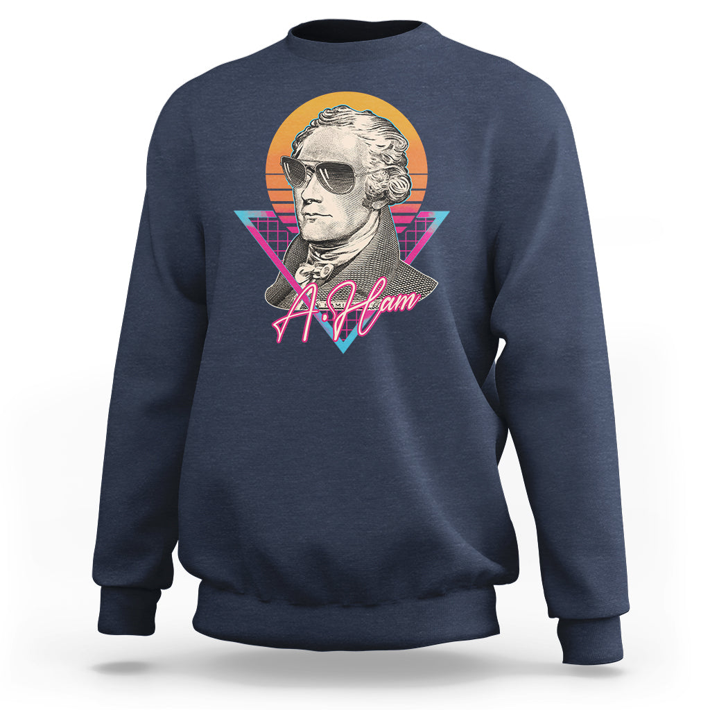 Navy crewneck sweatshirt with front portrait graphic and multicolor geometric accents