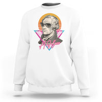 White crewneck sweatshirt with front portrait graphic and multicolor geometric accents