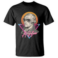 Black crewneck T-shirt with vaporwave Alexander Hamilton portrait front graphic.