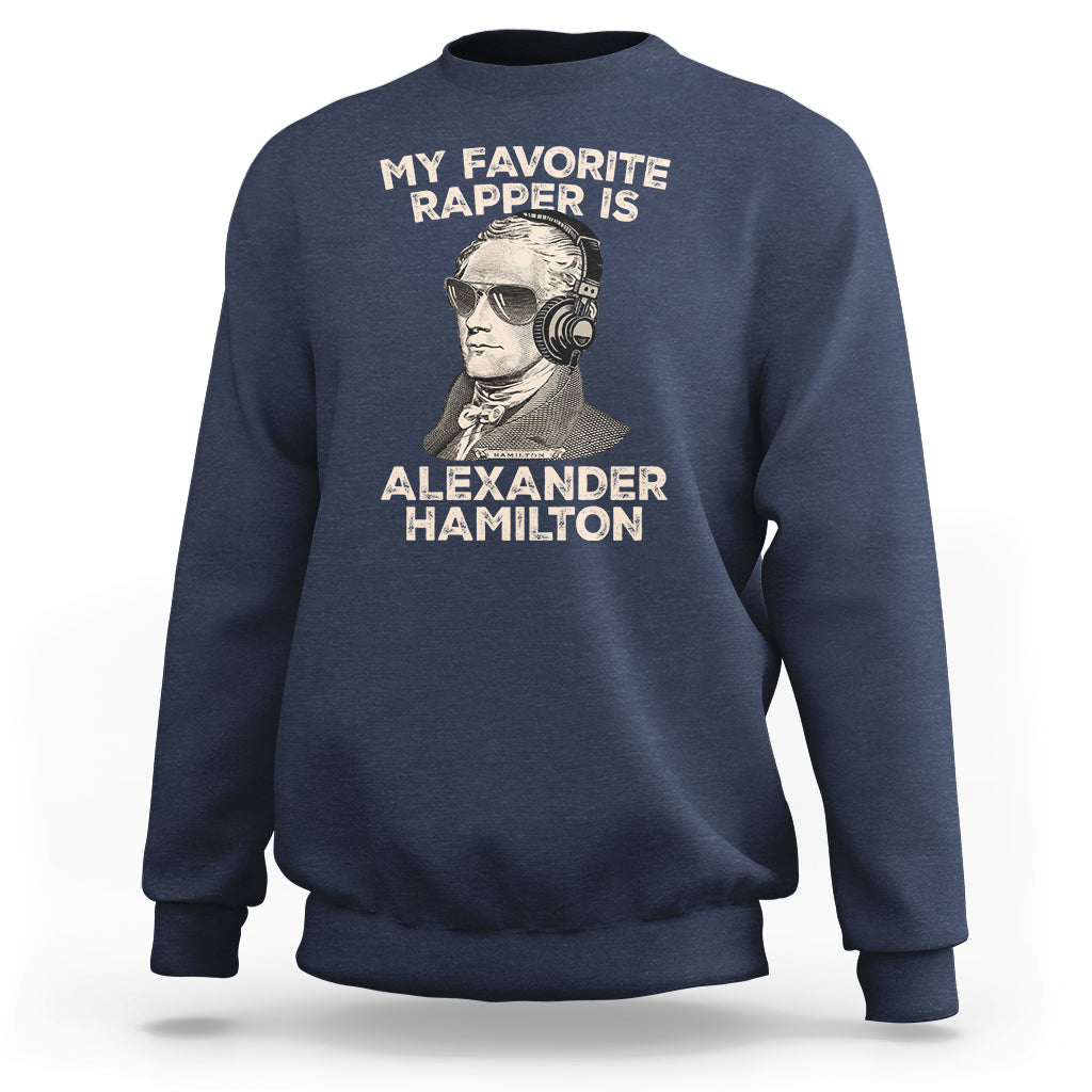 Navy crewneck sweatshirt with 'My Favorite Rapper Is' Alexander Hamilton front graphic