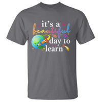 Charcoal teacher T-shirt with "it's a beautiful day to learn" graphic
