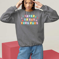 Charcoal gray teacher sweatshirt with 'Happy To See Your Face' colorful front print