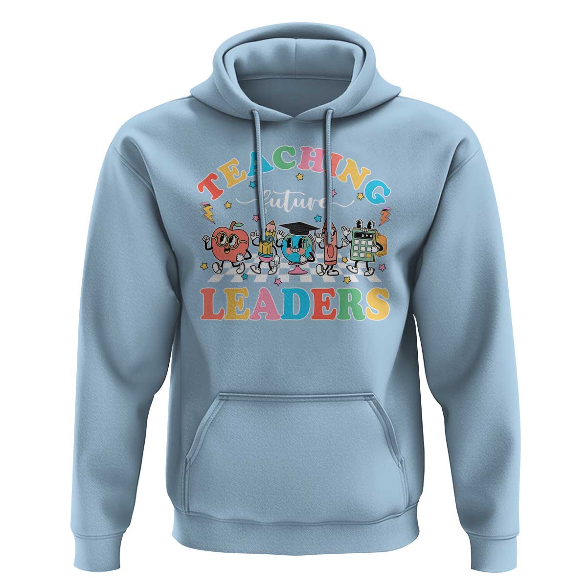 Light blue pullover hoodie with 'Teaching Future Leaders' graphic and front pocket