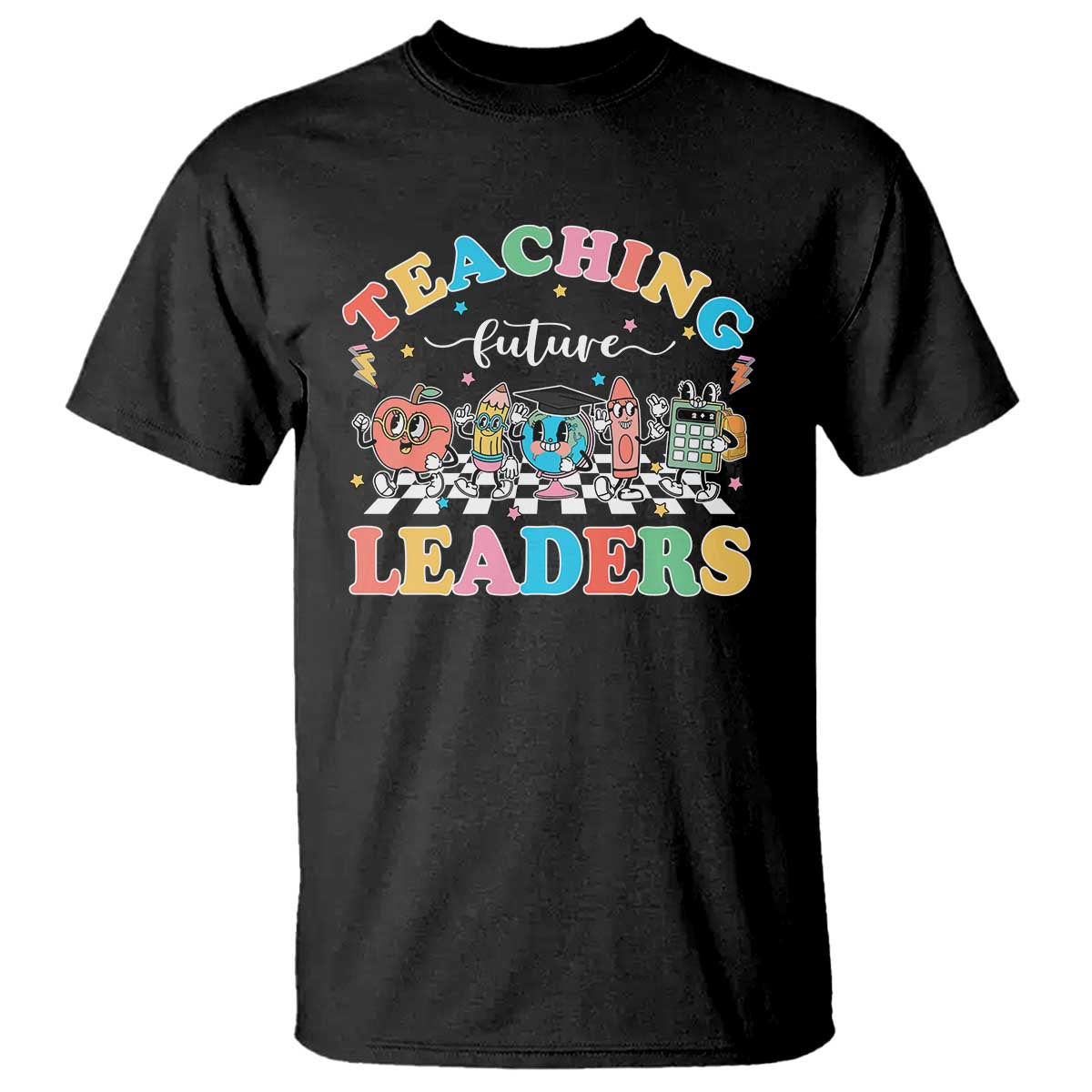 Black teacher T-shirt with “Teaching Future Leaders” colorful graphic
