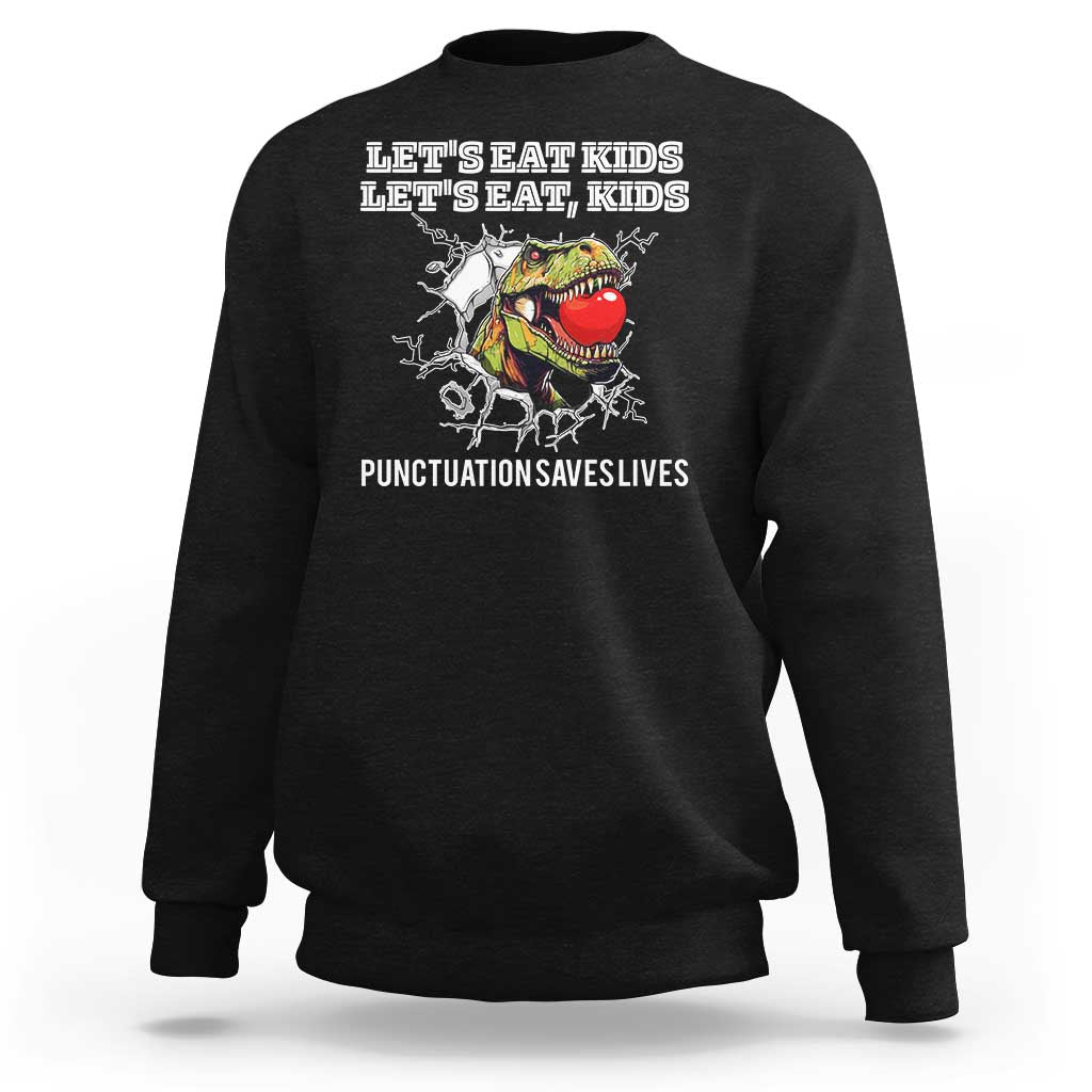 Black kids sweatshirt with crew neck and “punctuation saves lives” graphic
