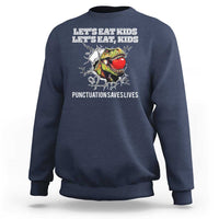 Navy kids sweatshirt with crew neck and “punctuation saves lives” graphic