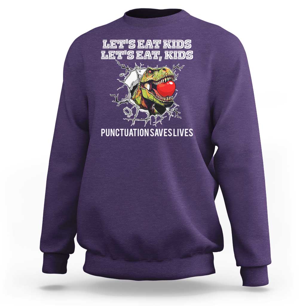 Purple kids sweatshirt with crew neck and “punctuation saves lives” graphic
