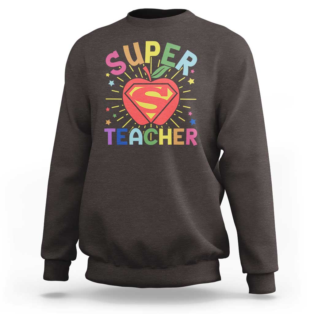 Charcoal brown sweatshirt with “Super Teacher” superhero heart graphic on the chest
