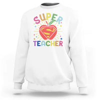 White sweatshirt with “Super Teacher” superhero heart graphic on the chest