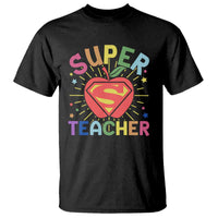 Black superhero teacher T-shirt with “SUPER TEACHER” emblem graphic