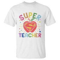 White superhero teacher T-shirt with “SUPER TEACHER” emblem graphic