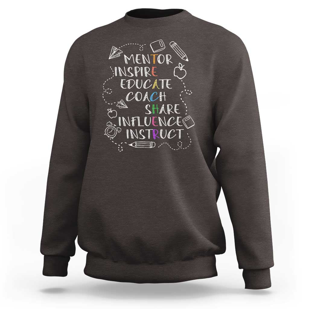 Charcoal crewneck sweatshirt with white mentor-themed quote graphic on front