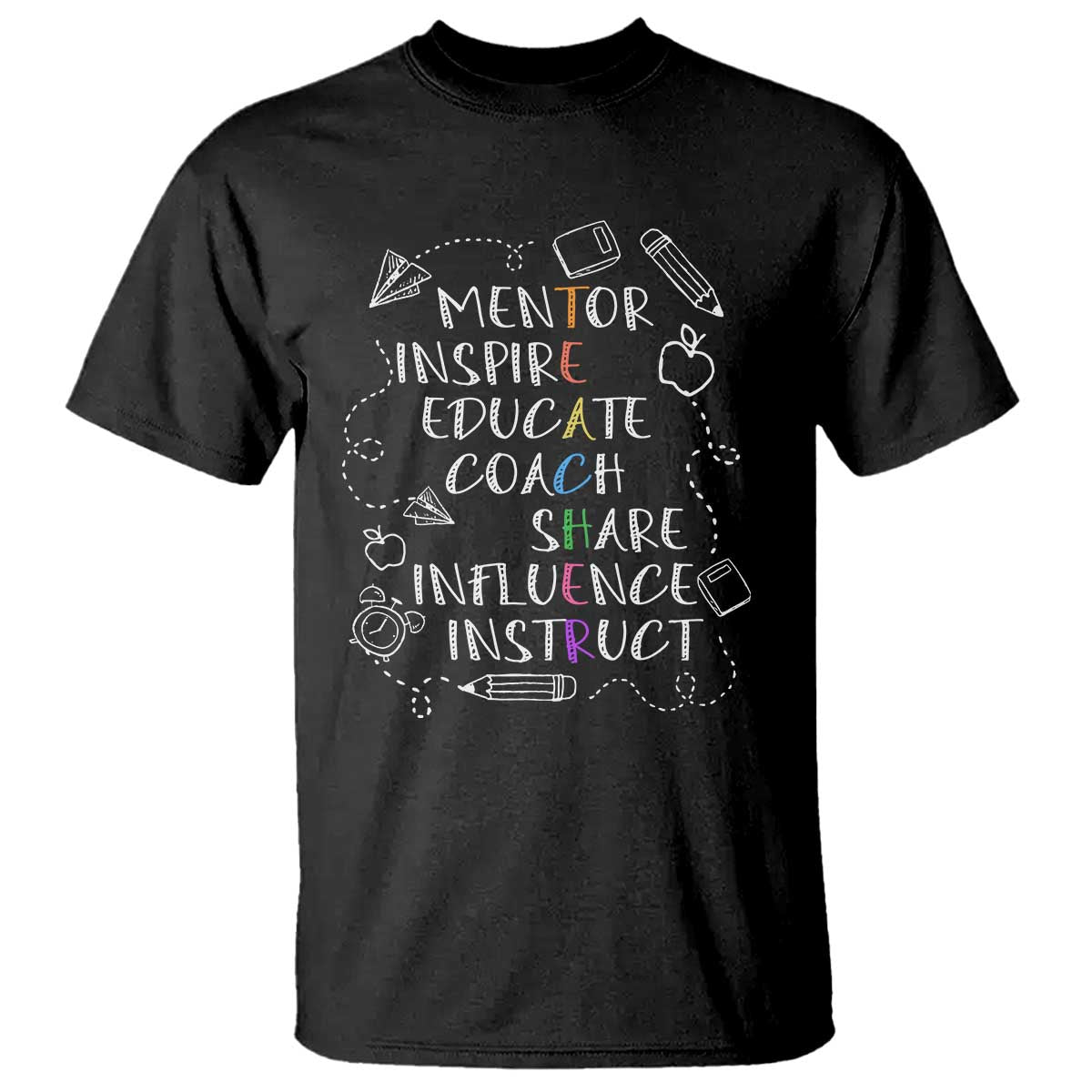 Black teacher coach T-shirt with chalk-style motivational words and icons graphic