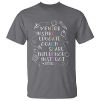 Charcoal gray teacher coach T-shirt with chalk-style motivational words and icons graphic