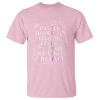 Light pink teacher coach T-shirt with chalk-style motivational words and icons graphic