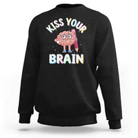 Black crewneck sweatshirt with 'Kiss Your Brain' graphic on back