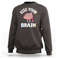 Dark brown crewneck sweatshirt with 'Kiss Your Brain' graphic on back