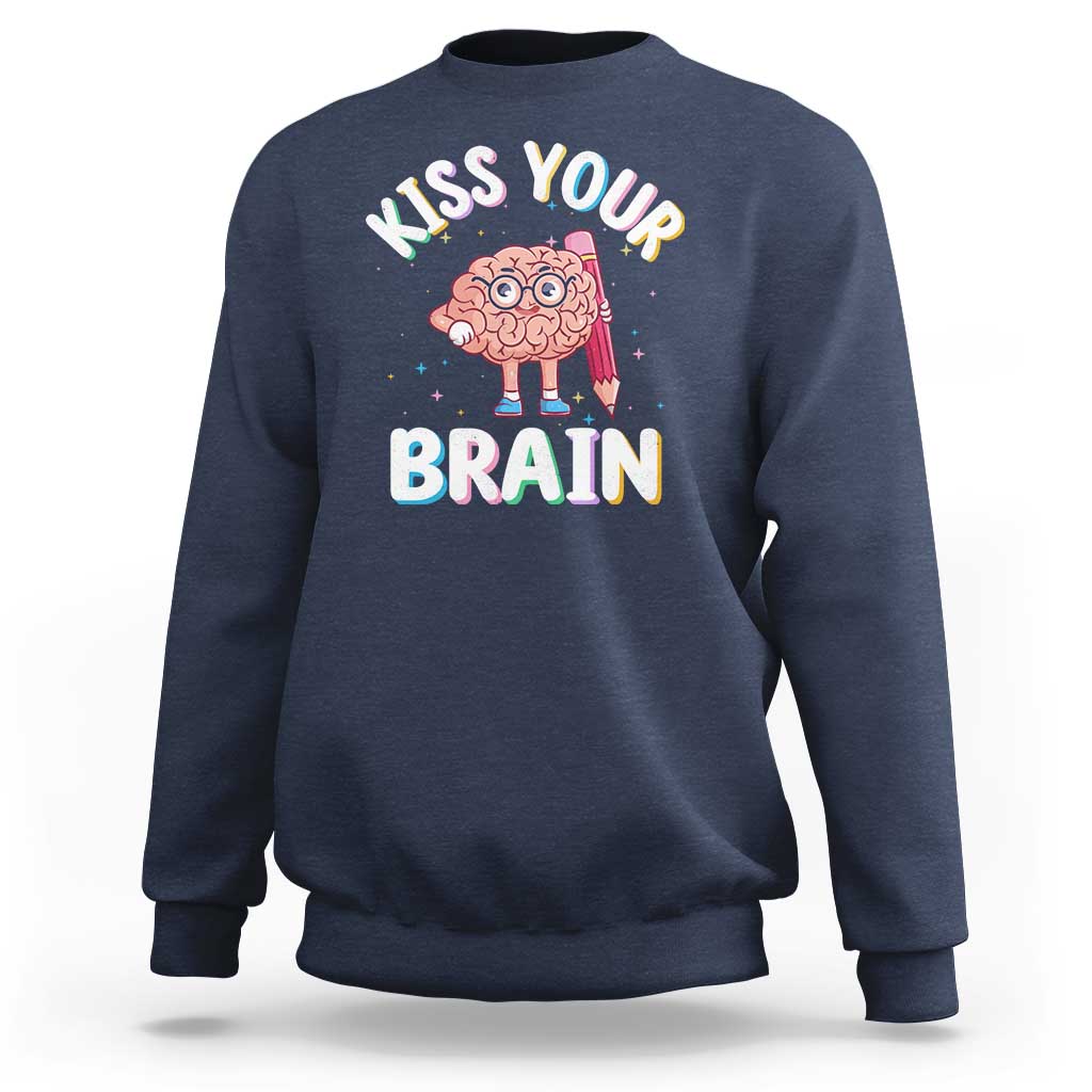 Navy crewneck sweatshirt with 'Kiss Your Brain' graphic on back