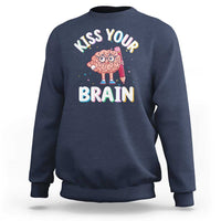 Navy crewneck sweatshirt with 'Kiss Your Brain' graphic on back
