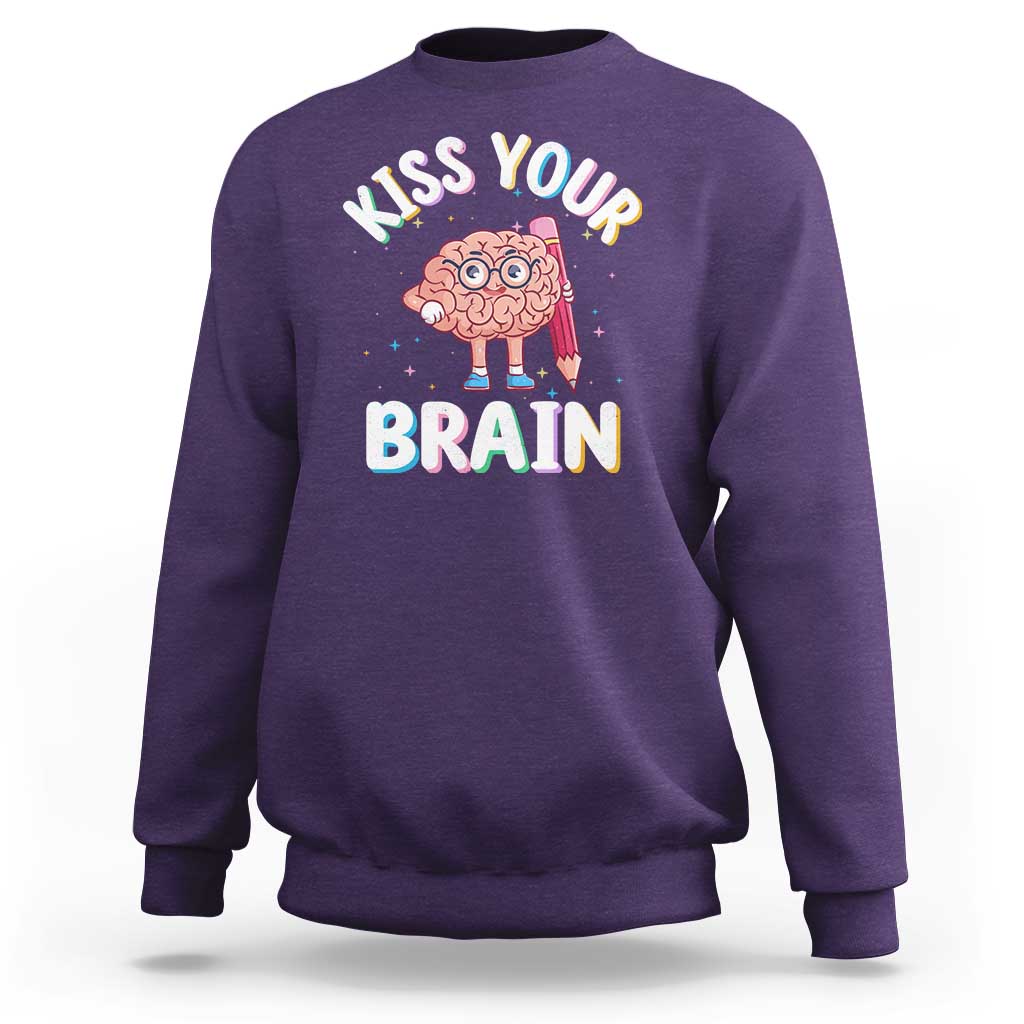 Purple crewneck sweatshirt with 'Kiss Your Brain' graphic on back