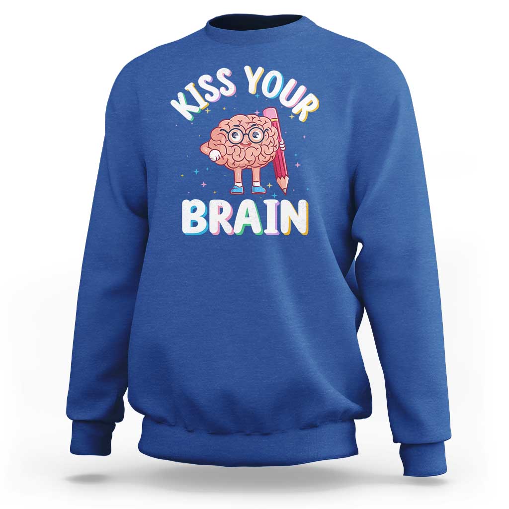 Royal blue crewneck sweatshirt with 'Kiss Your Brain' graphic on back