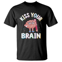 Teacher T-shirt in black with “KISS YOUR BRAIN” brain graphic