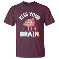 Teacher T-shirt in maroon with “KISS YOUR BRAIN” brain graphic