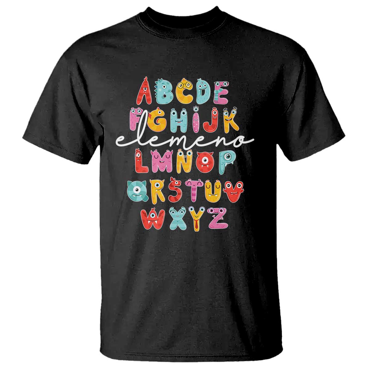 Black alphabet monster T-shirt with colorful letter blocks graphic on front