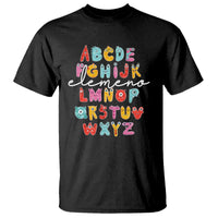Black alphabet monster T-shirt with colorful letter blocks graphic on front