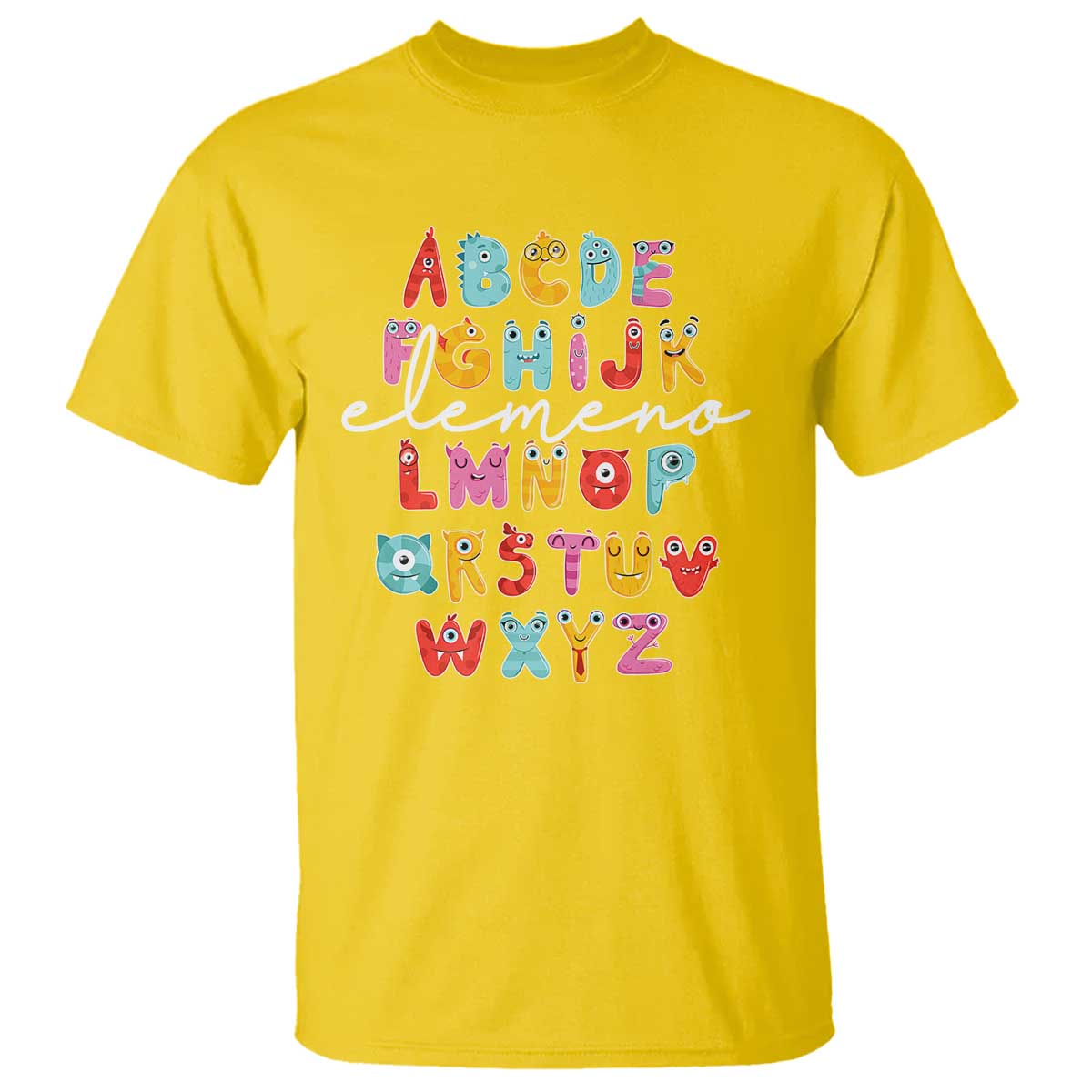 Yellow alphabet monster T-shirt with colorful letter blocks graphic on front