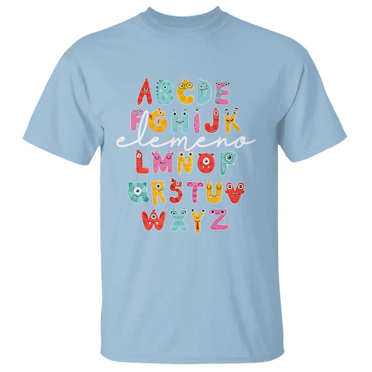 Light blue alphabet monster T-shirt with colorful letter blocks graphic on front