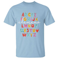 Light blue alphabet monster T-shirt with colorful letter blocks graphic on front