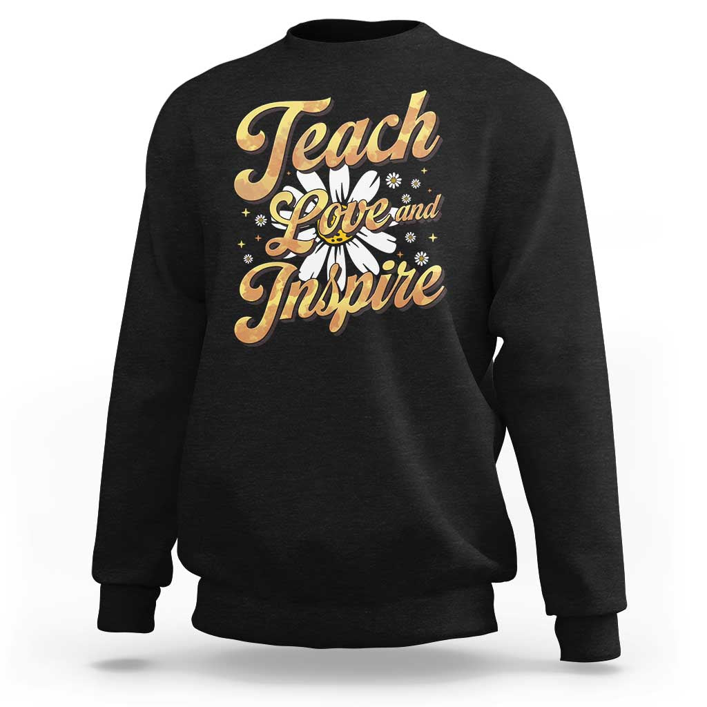 Black teacher sweatshirt with "Teach Love and Inspire" front graphic, crew neck