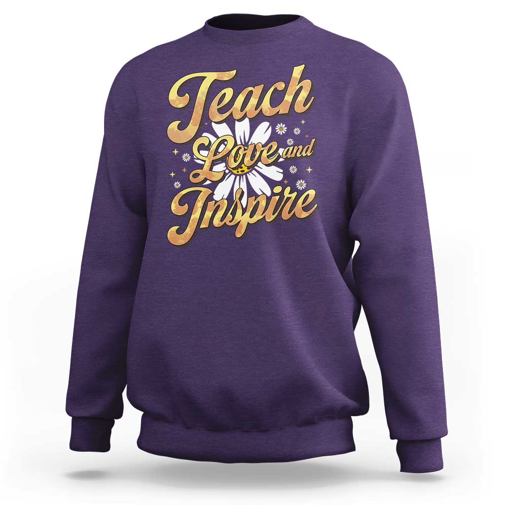 Purple teacher sweatshirt with "Teach Love and Inspire" front graphic, crew neck